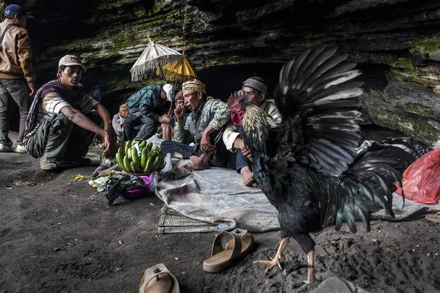 A Tenggerese shaman praying for an worshipper as they collect holy water at Widodaren cave during the Tenggerese Hindu Yadnya Kasada festival on August 11, 2014 in Probolinggo, Java, Indonesia. (Photo by Ulet Ifansasti/Getty Images)