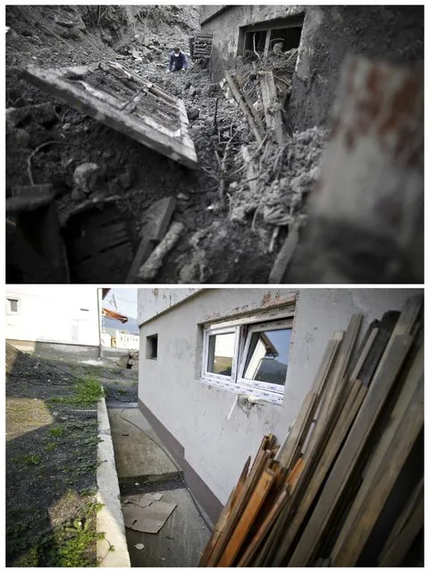 A combination photo shows Kovacevic family house during floods May 31, 2014 (top) and the same place after floods October 8, 2014 in Topcic Polje. (Photo by Dado Ruvic/Reuters)