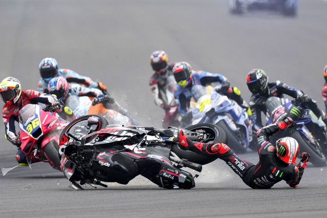 Italy's Marco Bezzecchi of Aprilla Racing Team fall down during the Moto GP race in Termas de Rio Hondo circuit, Argentina, Sunday, March 16, 2025. (Photo by Gustavo Garello/AP Photo)
