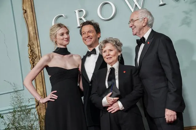 Elizabeth Debicki, from left, Dominic West, Imelda Staunton and Jonathan Pryce pose for photographers upon arrival for the World premiere of season 5 of 'The Crown' in London, Tuesday, Novembere 8, 2022. (Photo by Scott Garfitt/Invision/AP Photo)
