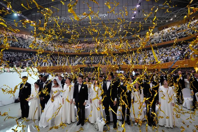 Couples celebrate during a mass wedding ceremony at the Cheong Shim Peace World Center in Gapyeong, South Korea, Saturday, April 12, 2025. (Photo by Ahn Young-joon/AP Photo)