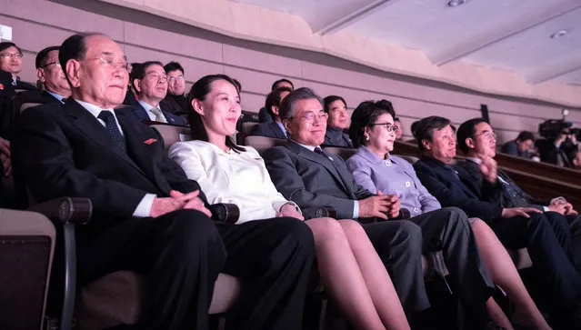 South Korean President Moon Jae-in, his wife Kim Jung-Suk, president of the Presidium of the Supreme People's Assembly of North Korea Kim Young Nam and Kim Yo Jong, the sister of North Korea's leader Kim Jong Un, watch North Korea's Samjiyon Orchestra's performance in Seoul, South Korea, February 11, 2018. (Photo by Reuters/Yonhap)
