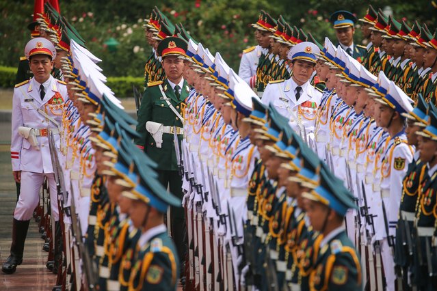 Members of the guard of honor prepare for a welcome ceremony of Sri Lankan President Anura Kumara Dissanayake at the Presidential Palace in Hanoi, Vietnam, 05 May 2025. Dissanayake is on an official visit to Vietnam from 04 to 06 May 2025. (Photo by Luong Thai Linh/EPA/EFE)