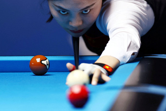 China’s Shasha Liu takes a shot during the women’s pool 10-ball bronze-medal match against Germany’s Ina Kaplan, during the 2025 World Games, in Chengdu, China, on August 13, 2025. (Photo by Edgar Su/Reuters)