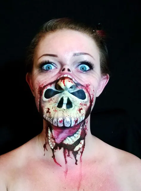 A skull seemingly bursts from this womans mouth in a face painting by Nikki Shelley. (Photo by Nikki Shelley/Caters News)