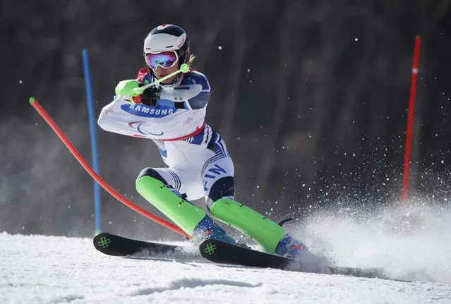 Santeri Kiiveri of Finland competes in the Alpine Skiing Standing Men's Slalom at the Jeongseon Alpine Centre in Jeongseon at the Paralympic Winter Games Saturday, March 17, 2018. (Photo by Simon Bruty/OIS/IOC via AP Photo)