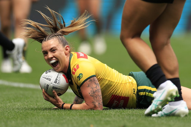 Julia Robinson of the Jillaroos scores a try during the rugby league Pacific Cup Women's Final match between the Australian Jillaroos and the New Zealand Ferns at CommBank Stadium in Sydney, New South Wales, Australia, 09 November 2025. (Photo by Mark Evans/EPA)
