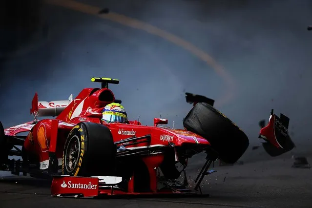 Felipe Massa of Brazil crashes his Ferrari at St. Devote during qualifying for the Monaco Formula One Grand Prix at the Circuit de Monaco in Monte-Carlo, on May 25, 2013. (Photo by Bryn Lennon/Getty Images)