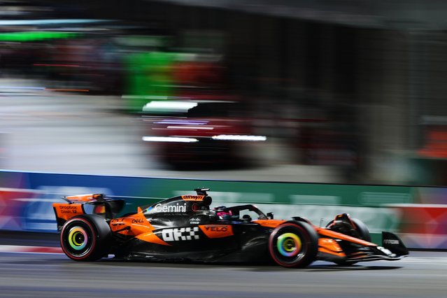 McLaren driver Oscar Piastri of Australia drives during a practice session at the Formula One Las Vegas Grand Prix auto race, Friday, November 21, 2025 in Las Vegas. (Photo by Eric Gay/AP Photo)