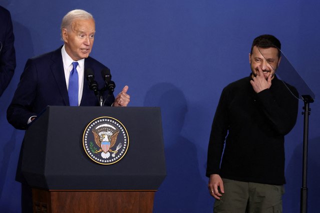 U.S. President Joe Biden speaks after he mistakenly referred to Ukrainian President Voldymyr Zelynskiy as “President Putin” on the sidelines of NATO's 75th anniversary summit in Washington, on July 11, 2024. “And now I want to hand it over to the president of Ukraine, who has as much courage as he has determination, ladies and gentlemen, President Putin”, Biden said, drawing gasps from those in the room. (Photo by Yves Herman/Reuters)