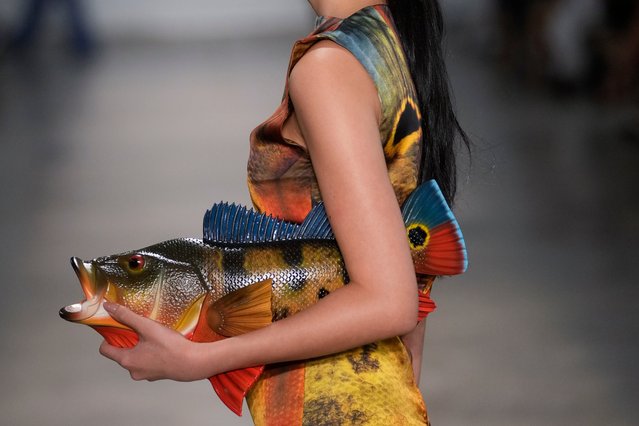 A model wears a creation from the Normando collection during Sao Paulo Fashion Week in Sao Paulo, Wednesday, October 16, 2024. (Photo by Andre Penner/AP Photo)