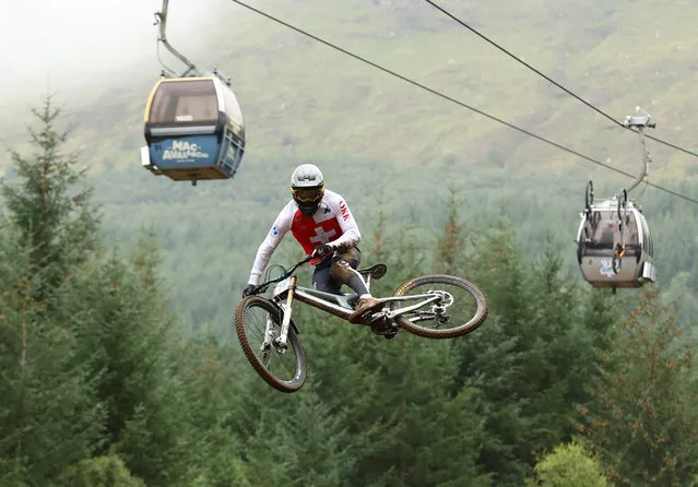 Switzerland's Janis Lehmann practices on the course ahead of the men's elite mountain bike downhill final at the Nevis Range Mountain Resort, near Fort William in the Scottish Highlands, during the UCI Cycling World Championships in Scotland on August 5, 2023. (Photo by Matthew Childs/Reuters)