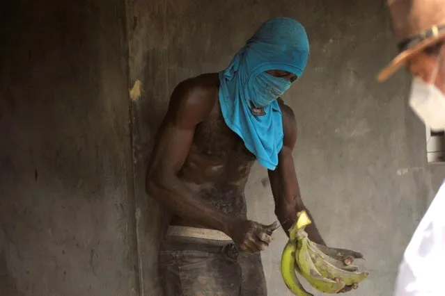 A man cleans harvested plantains that were covered in ash, as Prime Minister Ralph Gonsalves watches, after a series of eruptions from La Soufriere volcano in Sandy Bay, Saint Vincent and the Grenadines, April 18, 2021. (Photo by Robertson S. Henry/Reuters)