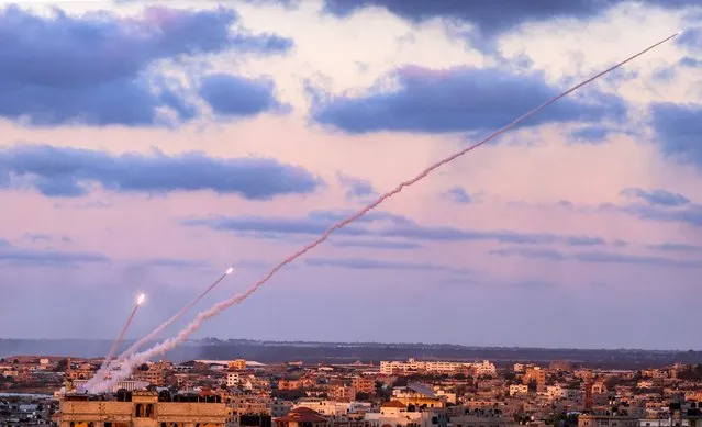 Rockets are launched towards Israel from the southern Gaza Strip, on May 17, 2021. (Photo by Said Khatib/AFP Photo)