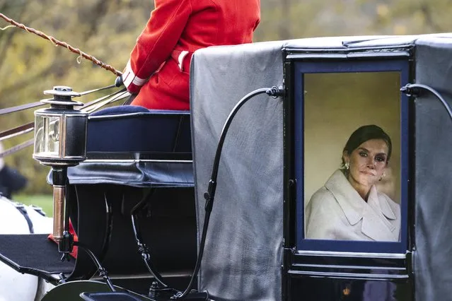 Spanish Queen Letizia rides in a horse-drawn carriage with the Danish queen and the Spanish king from Kastellet to Amalienborg Castle in Copenhagen, Denmark, 06 November 2023. The Spanish Royal couple arrived for a three-day state visit to Denmark. (Photo by Thomas Traasdahl/EPA/EFE)