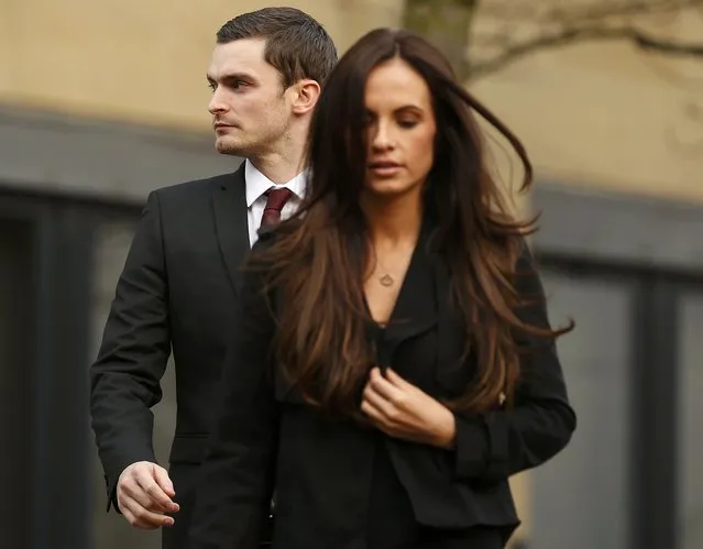 Former Sunderland soccer player Adam Johnson leaves with his girlfriend Stacey Flounders from Bradford Crown Court in Bradford, northern England  February 12, 2016. England international Adam Johnson pleaded guilty to one count of sexual activity with a child, but denied two other charges, when he appeared at Bradford Crown Court on Wednesday.The 28-year-old Sunderland winger, who has played 12 times for England, also admitted one count of grooming a girl under the age of 16, a court official said. (Photo by Phil Noble/Reuters)