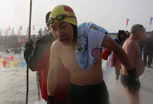 A swimmer reacts after swimming in a pool carved into the thick ice covering the Songhua River during the Harbin Ice Swimming Competition in the northern city of Harbin, Heilongjiang province January 5, 2014. (Photo by Kim Kyung-Hoon/Reuters)