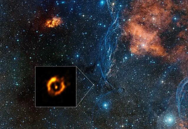 A handout photo provided by the European Southern Observatory on March 7, 2016 shows the sharpest view ever of the dusty disc around the close pair of aging stars IRAS 08544-4431 obtained by the Very Large Telescope Interferometer at ESO’s Paranal Observatory in Chile. For the first time such discs can be compared to the discs around young stars – and they look surprisingly similar. It is even possible that a disc appearing at the end of a star’s life might also create a second generation of planets. (Photo by AFP Photo/European Southern Observatory/Digitized Sky Survey 2)