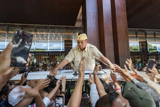 Indonesian presidential candidate Prabowo Subianto greets supporters during a campaign rally in Denpasar, Bali, Indonesia, 06 February 2024. Indonesia is scheduled to hold the presidential and general elections on 14 February. (Photo by Made Nagi/EPA)