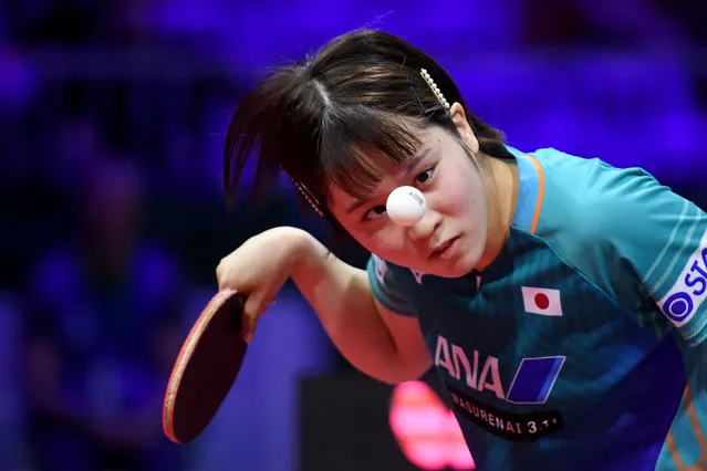 Japan's Miu Hirano serves to Canada's Mo Zhang on April 24, 2019 during their women's single match at the ITTF World Table Tennis Championships in Budapest. (Photo by Attila Kisbenedek/AFP Photo)