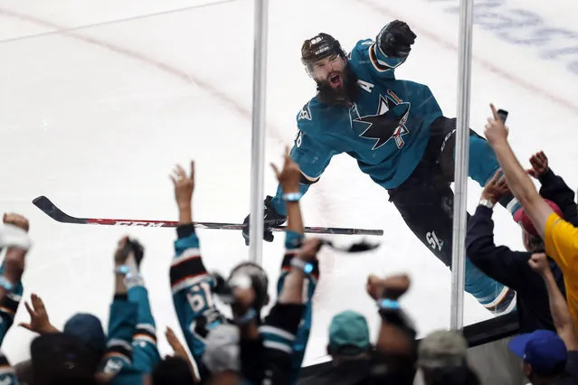 San Jose Sharks' Brent Burns (88) celebrates his goal against the Colorado Avalanche in the third period of Game 2 of an NHL hockey second-round playoff series, Sunday, April 28, 2019, at the SAP Center in San Jose, Calif. (Photo by Josie Lepe/AP Photo)