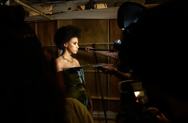 A model poses for “first look” photos before the Halpern show during London Fashion Week on February 19, 2017 in London, England. (Photo by Leon Neal/Getty Images)