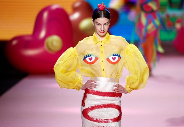 A model displays an outfit by Agatha Ruiz de la Prada during the Mercedes Benz Fashion Week in Madrid, Spain on February 16, 2023. (Photo by Juan Medina/Reuters)