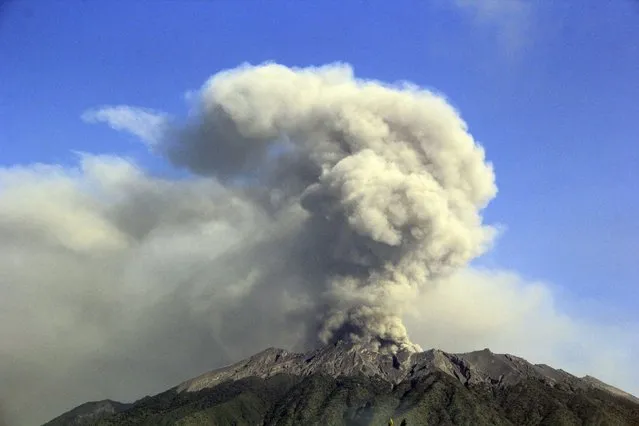 Ash and smoke are emitted from Mt. Raung volcano during a small eruption as seen from the village of Sempol, Banyuwangi, in East Java, Indonesia July 23, 2015, in this photo taken by Antara Foto. The volcano has been erupting on and off for weeks and has forced the temporary closure of some airports in the region, including the airport on the resort island of Bali. (Photo by Budi Candra Setya/Reuters/Antara Foto)