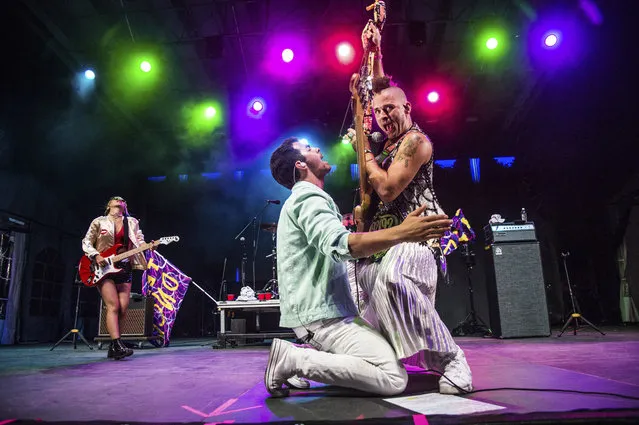 JinJoo Lee, from left, Joe Jonas and Cole Whittle of DNCE perform during the Festival d'ete de Quebec on Monday, July 10, 2017, in Quebec City, Canada. (Photo by Amy Harris/Invision/AP Photo)