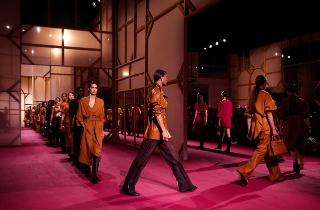 Model present creations by designer Veronique Nichanian as part of her Spring/Summer 2025 Women's ready-to-wear collection show for fashion house Hermes during Paris Fashion Week in Paris, France, on September 28, 2024. (Photo by Johanna Geron/Reuters)