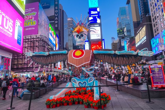 The New York City Department of Transportation (NYC DOT) unveils three spectacular and colorful sculptures in Times Square in celebration of Dia de los Muertos in New York, United States on October 28, 2024. (Photo by Selcuk Acar /Anadolu via Getty Images)