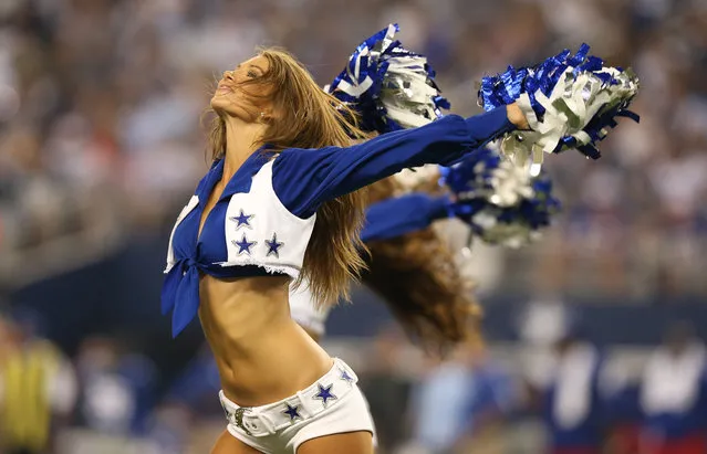 September 8, 2013; Arlington, TX, USA; Dallas Cowboys cheerleader Katie Marie performs during a timeout form the game against the New York Giants at AT&T Stadium. (Photo by Matthew Emmons/USA TODAY Sports)