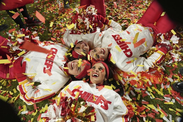 Cheerleaders celebrate the Kansas City Chiefs' victory over the Buffalo Bills following the AFC Championship NFL football game, Sunday, January 26, 2025, in Kansas City, Mo. (Photo by Charlie Riedel/AP Photo)