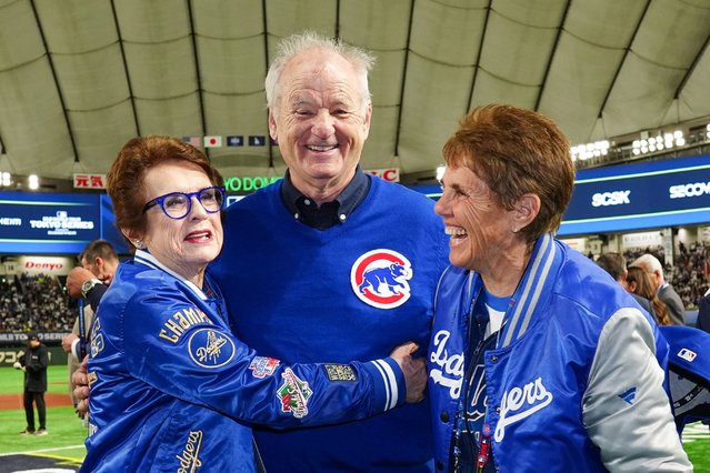Billie Jean King, Bill Murray and Ilana Kloss joke prior to the game between the Los Angeles Dodgers and the Chicago Cubs at Tokyo Dome on Tuesday, March 18, 2025 in Tokyo, Japan. (Photo by Daniel Shirey/MLB Photos via Getty Images)