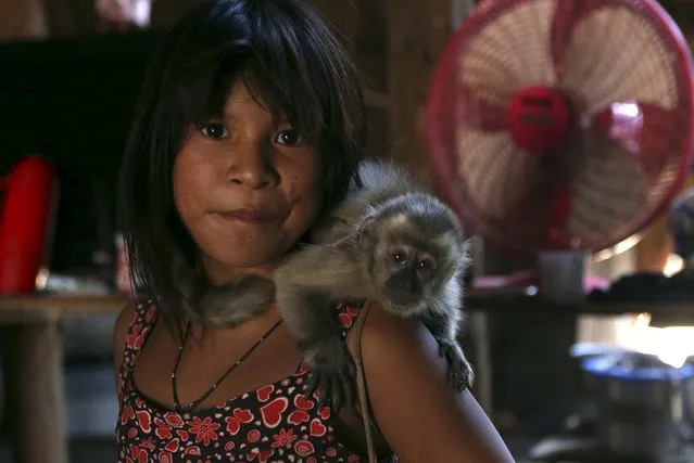 An indigenous girl carries a monkey inside her house in their village at Xingu national park in Mato Grosso, Brazil, October 2, 2015. (Photo by Paulo Whitaker/Reuters)