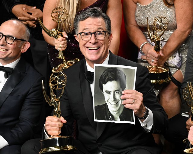 Stephen Colbert poses with the Outstanding Talk Series award for “The Late Show With Stephen Colbert” at the 77th Primetime Emmy Awards held at the Peacock Theater on September 14, 2025 in Los Angeles, California. (Photo by Gilbert Flores/Variety via Getty Images)
