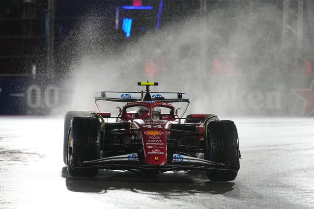 Ferrari driver Lewis Hamilton of Great Britain drives during a qualifying session at the Formula One Las Vegas Grand Prix auto race, Friday, November 21, 2025 in Las Vegas. (Photo by Eric Gay/AP Photo)
