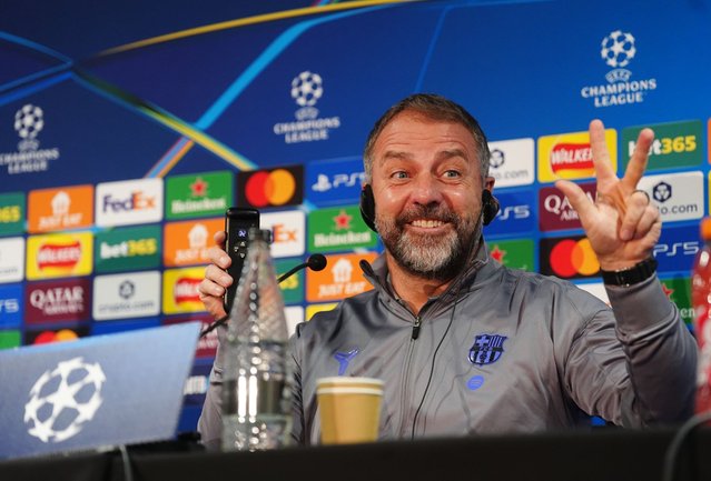 Barcelona manager Hansi Flick during a press conference at Stamford Bridge, London on Monday, November 24, 2025. (Photo by Bradley Collyer/PA Images via Getty Images)
