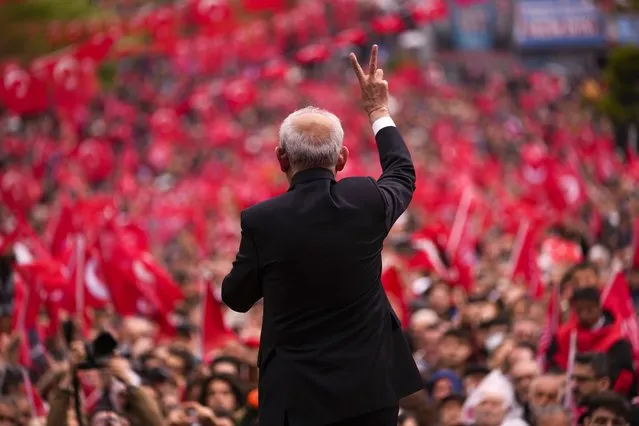 Kemal Kilicdaroglu, leader of Turkey's main opposition Republican People's Party, CHP, speaks at a campaign rally in Tekirdag, Turkey, on Thursday, April 27, 2023. Kilicdaroglu, the main challenger to President Recep Tayyip Erdogan in the May 14 election, cuts a starkly different figure than the incumbent who has led the country for two decades. As the polarizing Erdogan has grown increasingly authoritarian, Kilicdaroglu has a reputation as a bridge builder and vows to restore democracy. (Photo by Francisco Seco/AP Photo)