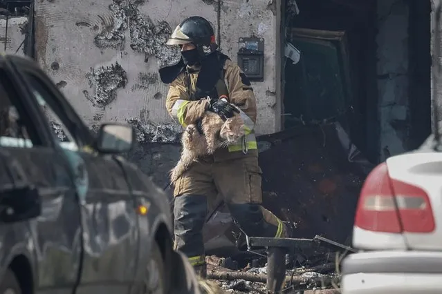 A rescuer carries a cat out from a residential building heavily damaged by a Russian missile strike, amid Russia's attack on Ukraine, in Kryvyi Rih, Dnipropetrovsk region, Ukraine on June 13, 2023. (Photo by Alina Smutko/Reuters)