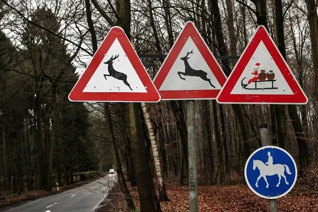 An unknown crafty person has added a reindeer and Santa on a sled warning signs to an existing animal warning sign in Solignen, Germany, December 22, 2015. (Photo by Imago via ZUMA Press)