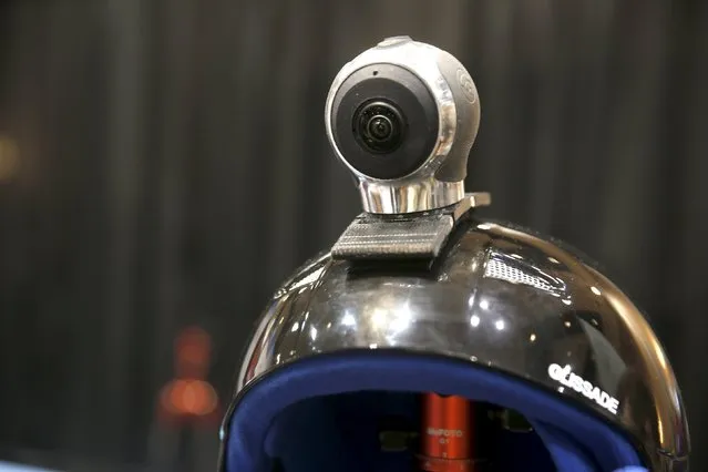 An Allie Go, a 360-degree action cam, by IC Real Tech is shown on a helmet during "CES Unveiled," a preview event of the 2016 International CES trade show, in Las Vegas, Nevada January 4, 2016. The $599.00 camera uses two sensors with over 180 degree-coverage each and combines the video in the unit using Qualcomm processors. (Photo by Steve Marcus/Reuters)