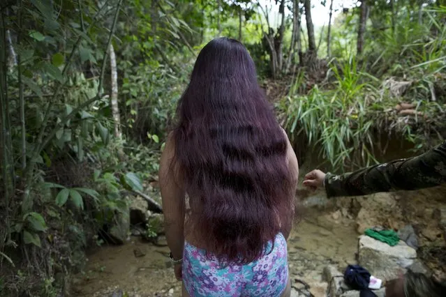 In this January 5, 2016 photo, Marcela, a rebel soldier of the 36th Front of the Revolutionary Armed Forces of Colombia, or FARC, stands at the edge of a brook where she is preparing to bathe, near the guerrilla's group hidden camp in Antioquia state, in the northwest Andes of Colombia. The rebels inhabit an impenetrable forest with South America's only bear, venomous snakes and 20 species of exotic frogs. (Photo by Rodrigo Abd/AP Photo)