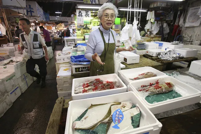 In this September 26, 2018, photo, Tai Yamaguchi of fish wholesaler Hitoku Shoten, speaks during an interview with the Associated Press at Tsukiji fish market in Tokyo. Japan’s famed Tsukiji fish market is closing down on Saturday, October 6, 2018 after eight decades, with shop owners and workers still doubting the safety of its replacement site. “If the new place were better, I’ll be happy to move”, said Yamaguchi. Yamaguchi feels it has been mishandled by authorities who failed to fully consult those affected. (Photo by Koji Sasahara/AP Photo)