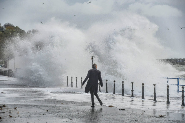 Waves crashing in Whitehead, County Antrim on April 6, 2024. (Photo by Bill Guille/PA Images via Getty Images)
