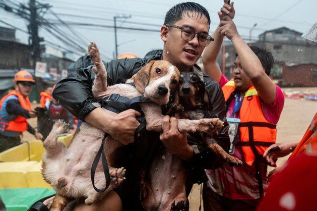 A man carrying his dogs gets off a boat along a flooded road following heavy rains brought by Typhoon Gaemi, in Marikina City, Metro Manila, Philippines, on July 24, 2024. (Photo by Lisa Marie David/Reuters)