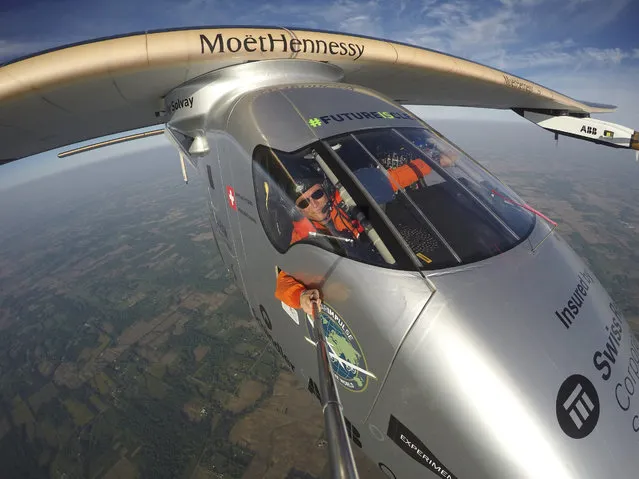 Bertrand Piccard takes a selfie on board the "Solar Impulse 2" during his flight from Dayton, Ohio to Lehigh Valley International Airport in Allentown, Pa., where he landed, Wednesday, May 25 2016. The plane was expected to make at least one more stop in the United States – in New York – before crossing the Atlantic Ocean to Europe or northern Africa. (Photo by Bertrand Piccard/Solar Impulse via AP Photo)