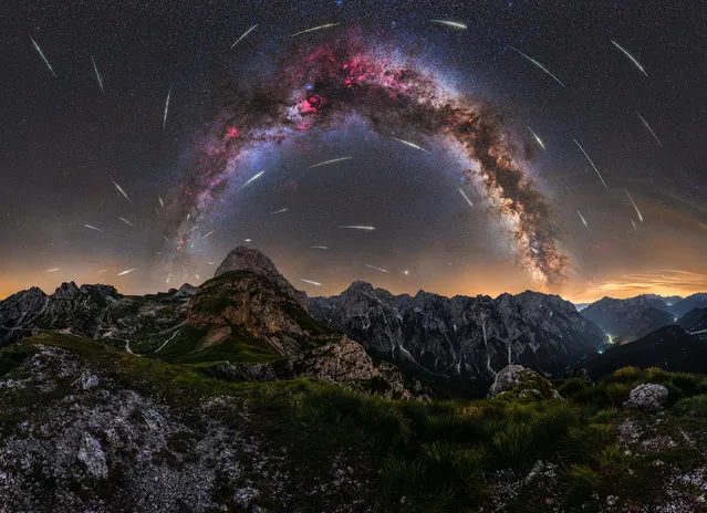 Perseid meteor shower on Mangart saddle – Julian Alps, Slovenia. “I love nature and being somewhere outside under a starry sky in serene silence. That’s when I feel free, but, at the same time, so small. What always excites me about photographing the night sky is that you never know what to expect; surprises are happening all over the sky. The weather was great at first, but as the night progressed, high clouds appeared, which, unfortunately, obscured what was happening in the sky. What surprised me while shooting is that, on this night, Mangart Saddle was full of light from all sides”. (Photo by Uroš Fink/Milky Way Photographer of the Year)