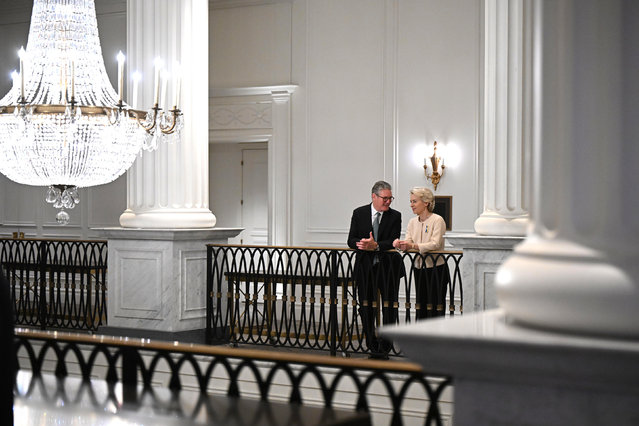 Britain's Prime Minister Keir Starmer (L) speaks President of the European Commission Ursula von der Leyen (R) on the sidelines of the 79th Session of the United Nations General Assembly at the United Nations headquarters in New York City on September 25, 2024. (Photo by Leon Neal/Pool via AFP Photo)