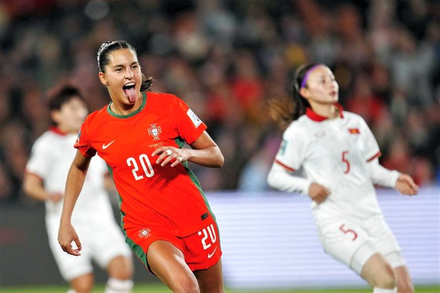 Portugal's Kika Nazareth celebrates after scoring her side's second goal during the Women's World Cup Group E soccer match between Portugal and Vietnam in Hamilton, New Zealand, Thursday, July 27, 2023. (Photo by Abbie Parr/AP Photo)